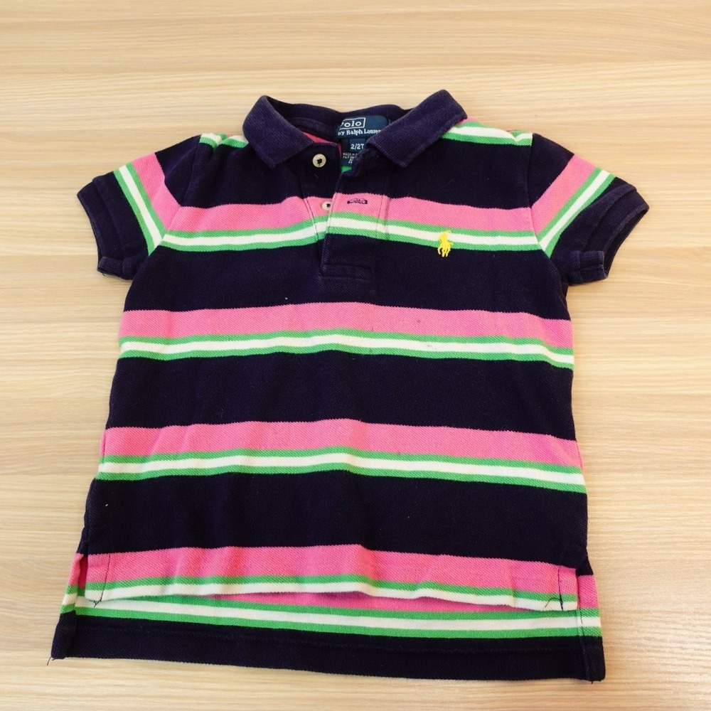 Polo Ralph Lauren Rugby Striped Shirt Toddler Boy 2T‎ Navy Pink Pony Pique Knit
